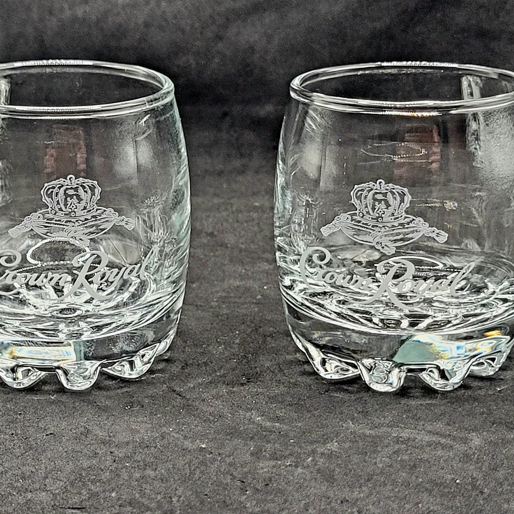 Pair Of Crown Royal Bubble Etched Logo Shot Glasses Collectible Barware Whiskey